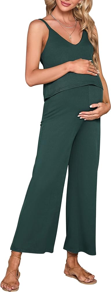 KOJOOIN Women's Maternity Jumpsuit Sleeveless V Neck Ribbed Adjustable Strap Layered Front Wide Leg Overall Rompers