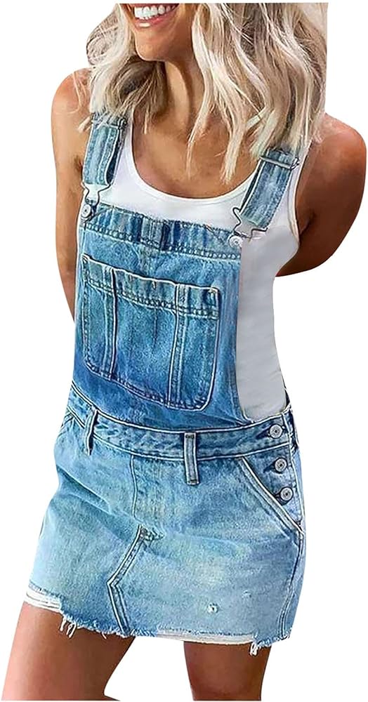 Womens Denim Jean Overall Dress Summer Adjustable Strap Distressed Bib Overalls Mini Dresses with Pockets