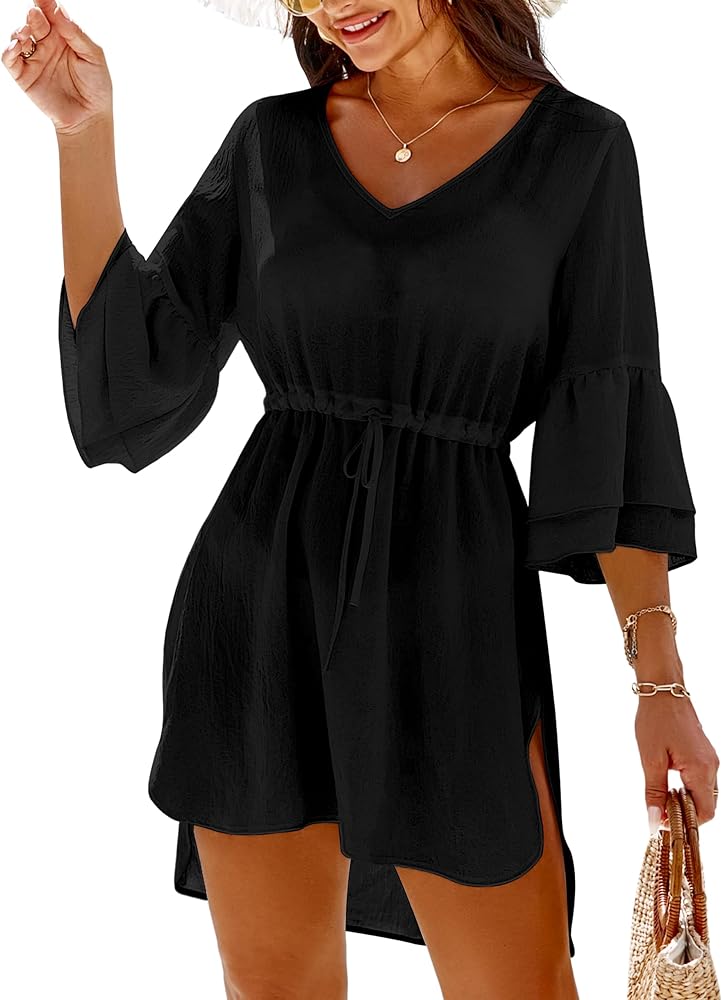 Blooming Jelly Women Bathing Suit Cover Ups V Neck Swimsuit Coverups Bell Sleeve Swimwear Cover up Summer Beach Dress(L, Black44)