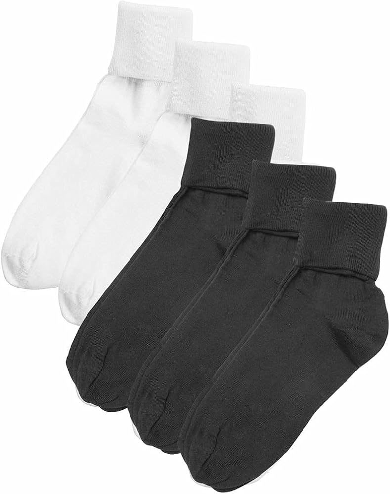 Buster Brown Women's 100% Cotton Fold Over Socks - 6 Pair Pack - White/Black