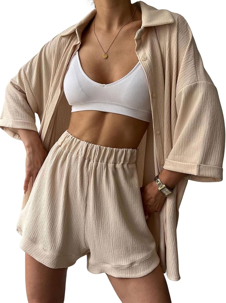 Women's 2 Piece Outfits Casual Oversized Tracksuit Button Down 3/4 Sleeve Shirt Loose Shorts Sweatsuit Sets