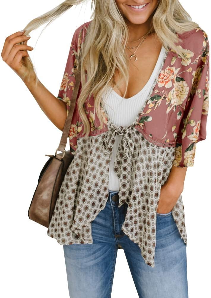 Women Floral Kimono Cardigans 3/4 Ruffle Sleeve Lightweight Patchwork Flowy Boho Tie Loose Cover Ups