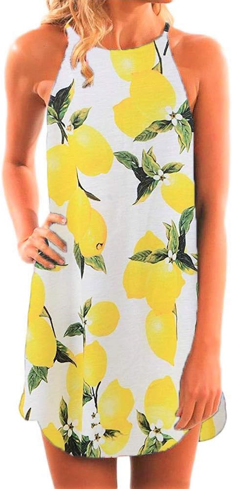 Fronage Women's Casual Sleeveless Floral Mini Dress Summer Beach Halter Neck Dresses