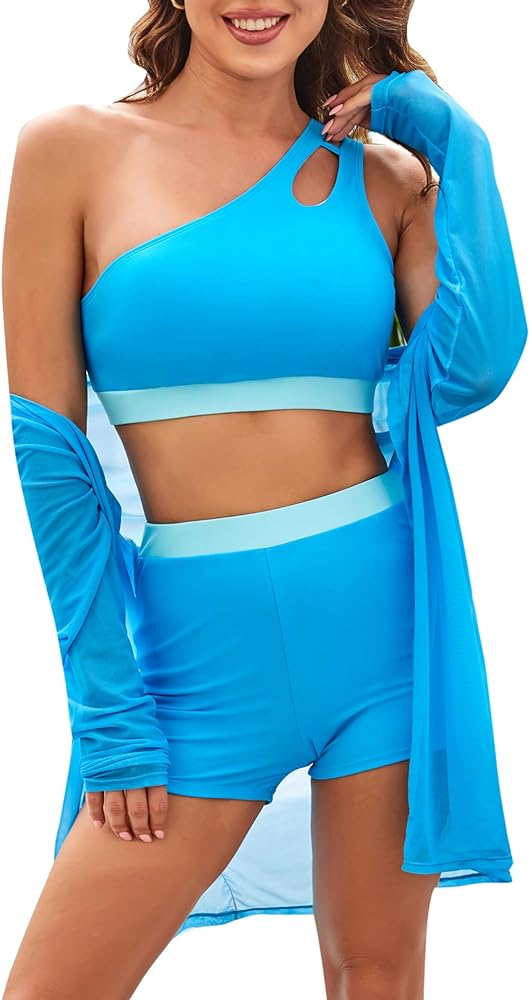 JACK SMITH Women's 3 Piece One Shoulder Swimsuit Long Sleeve Bathing Suit Tankini, with Bra & Shorts & Swim Cover Ups