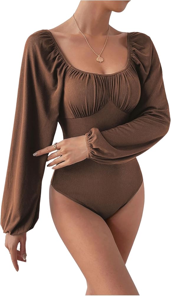 Milumia Women's Sweetheart Neck Lantern Long Sleeve Ruched Bust Bodysuit Top