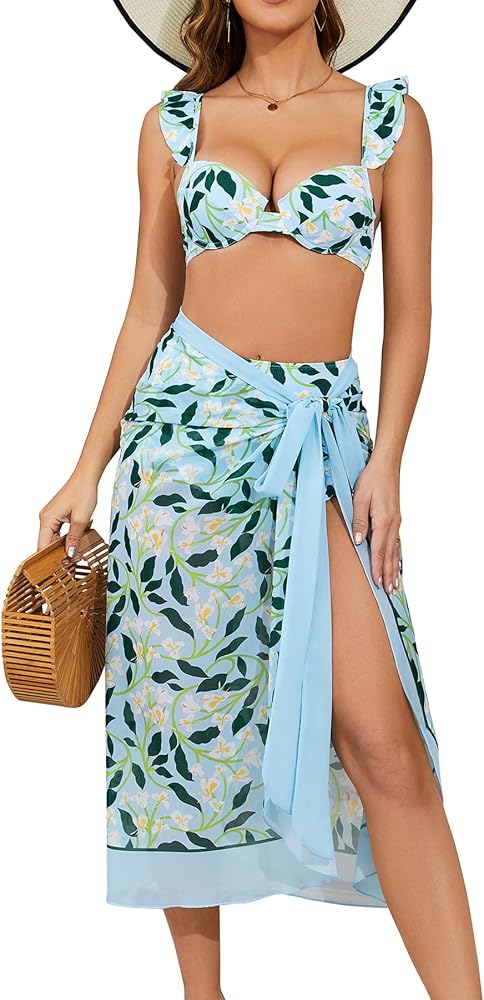 SHEKINI Women's 3 Piece Swimsuits with Cover Ups Beach Skirt Sarong Underwire Bikini Set High Waisted Bathing Suit