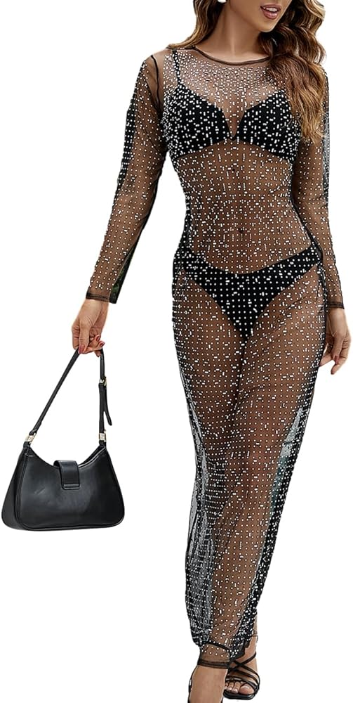 Bsubseach Women Long Bathing Suit Cover Up See Through Mesh Rhinestone Coverup Dress Side Split Beach Cover Ups