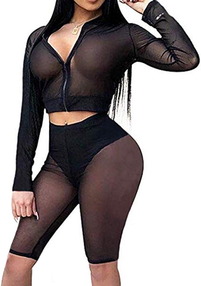 Women Sexy Two Piece Fishnet Swimwear Cover Ups Mesh Crop Top High Waist Shorts Set