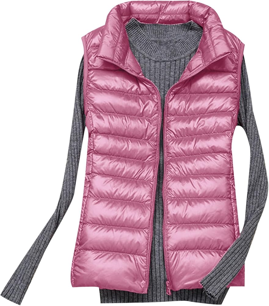 Womens Fall Puffer Vest Lightweight Packable Padded Gilet Casual Zipper Stand Collar Quilted Jacket Water-Resistant Down Vest