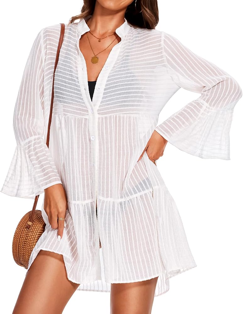 Pinup Fashion Swimsuit Cover Up Sheer Button Down Bathing Shirt Dress Oversized Coverups