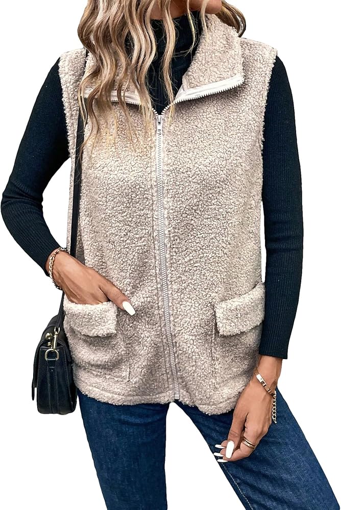 OYOANGLE Women's Sleeveless Zip Up Lapel Collar Vest Coat Flap Pocket Teddy Vest Jacket