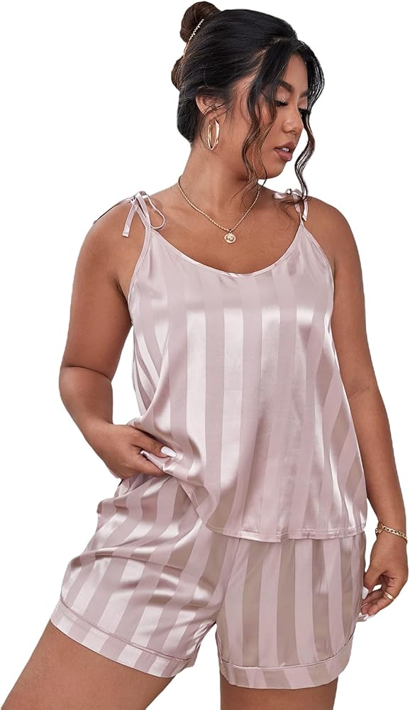 WDIRARA Women's Plus Size Sleepwear Striped Cami Top and Shorts Satin Pajama Set