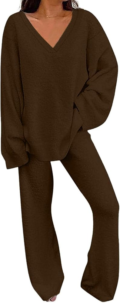 Two Piece Sets for Women Oversized Fall Long Sleeve Sweater Pullovers Wide Leg Pant Sweatsuit Lounge Set Loungewear