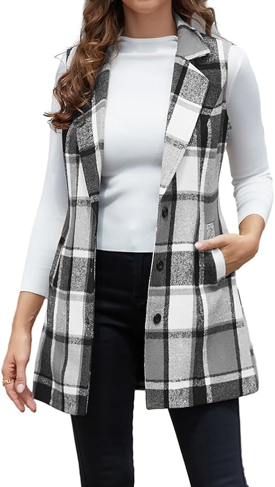 Mywinway Wool Plaid Vest for Women Fall Winter Sleeveless Blazer Jackets Cardigan Outerwear Tops