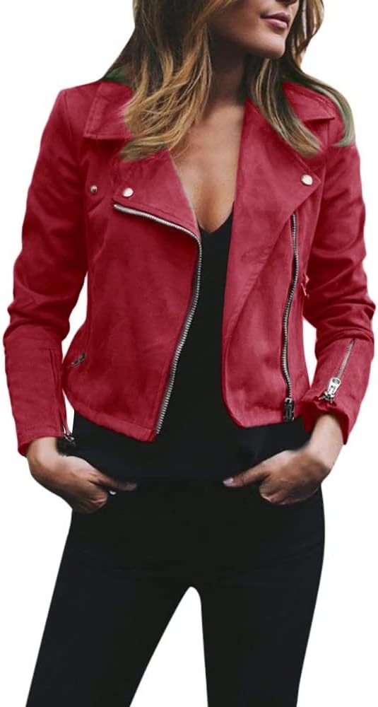 Red Leather Jacket Stand-Up Collar Zipper Stitching Solid Color Jacket Winter Jackets for Women Leather Jacket