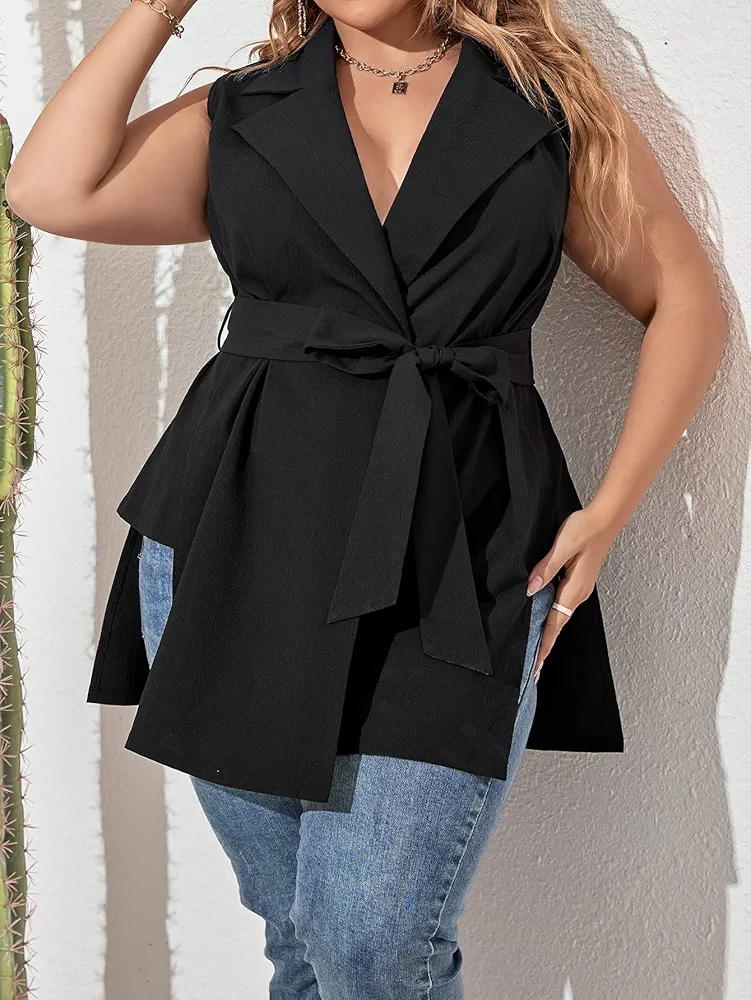 Suit Jackets for Women Plus Size Plus -Slit Hem Belted Vest Blazer Suit Jackets for Women Petite (Color : Black, Size : XX-Large)