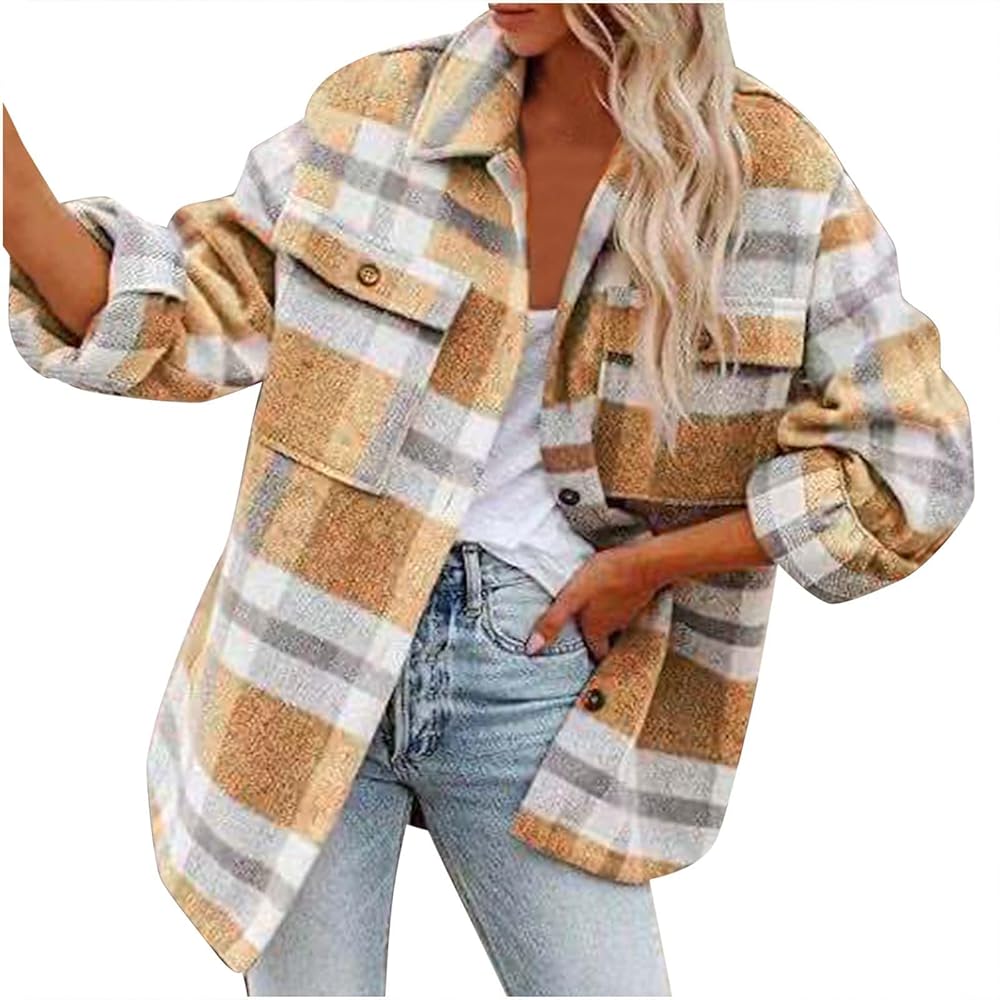 Flannel Jacket for Women 2023 Fall Winter Flannel Plaid Shirts Woolen Outerwear Shacket Coats Quilted Lined Jacket