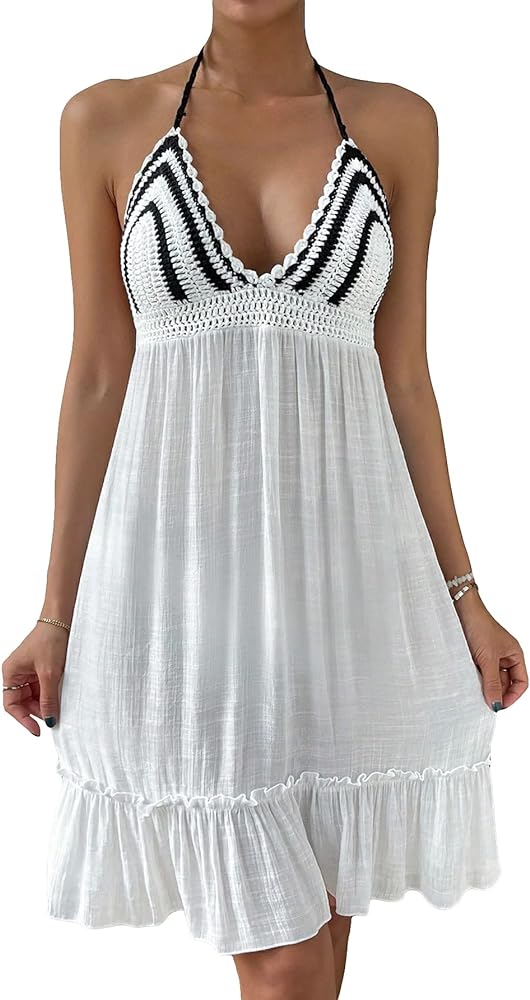 Verdusa Women's Deep V Neck Crochet Cover Ups Tie Backless Ruffled Bikini Beach Dress