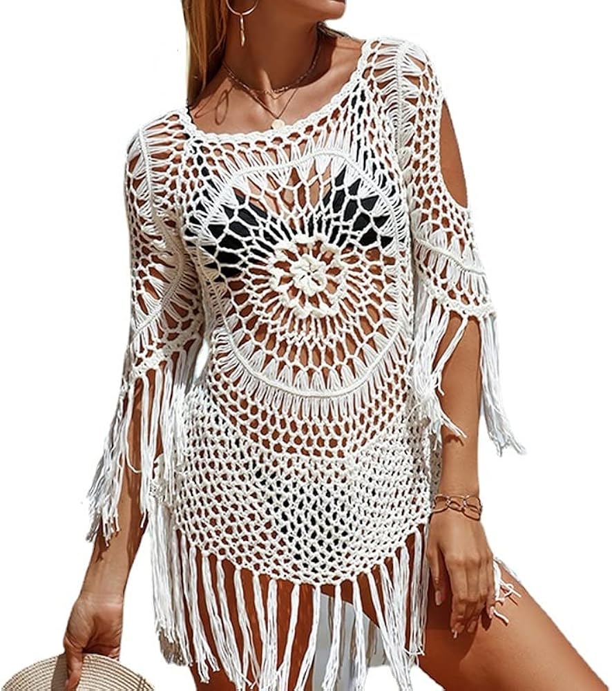 Bathing Suit Cover Ups for Women Sexy Five Quarter Sleeve Tassel Hollow Out Pullover Beach Cover Up Women