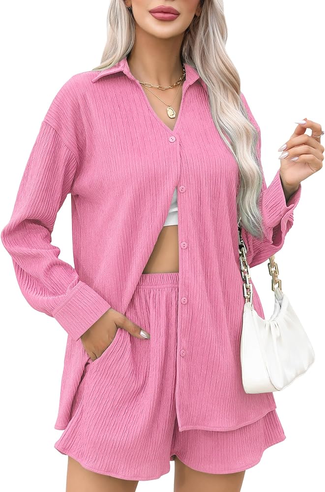 SWOMOG 2 Piece Outfit for Women Long Sleeve Button Down Shirt Wide Leg Pants Lounge Sets Casual Pleated Loungewear Sweatsuits