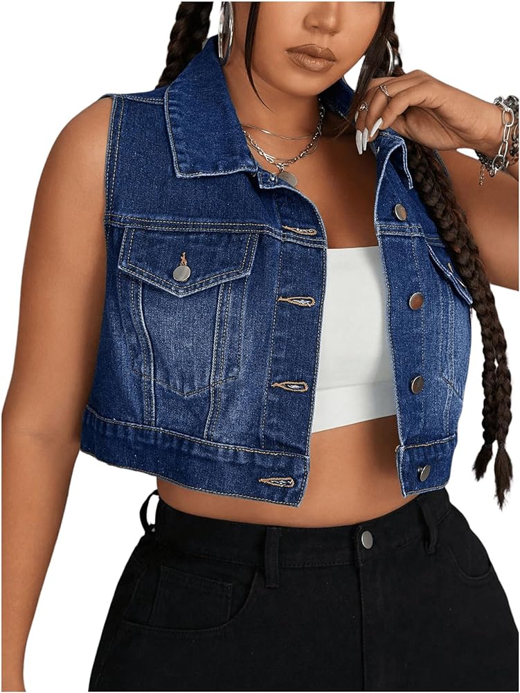 MakeMeChic Women's Plus Size Denim Vest Button Down Collared Pocket Sleeveless Crop Jean Vest