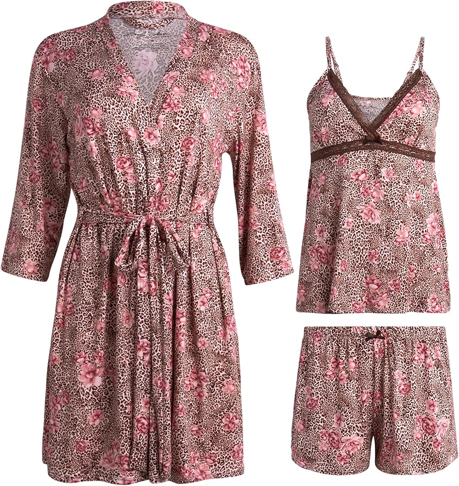 Marilyn Monroe Women's Pajama Set - 3 Piece Lounge Robe, Cami Tank Top, Pajama Shorts - Lace Trim Sleepwear for Women (S-XL)