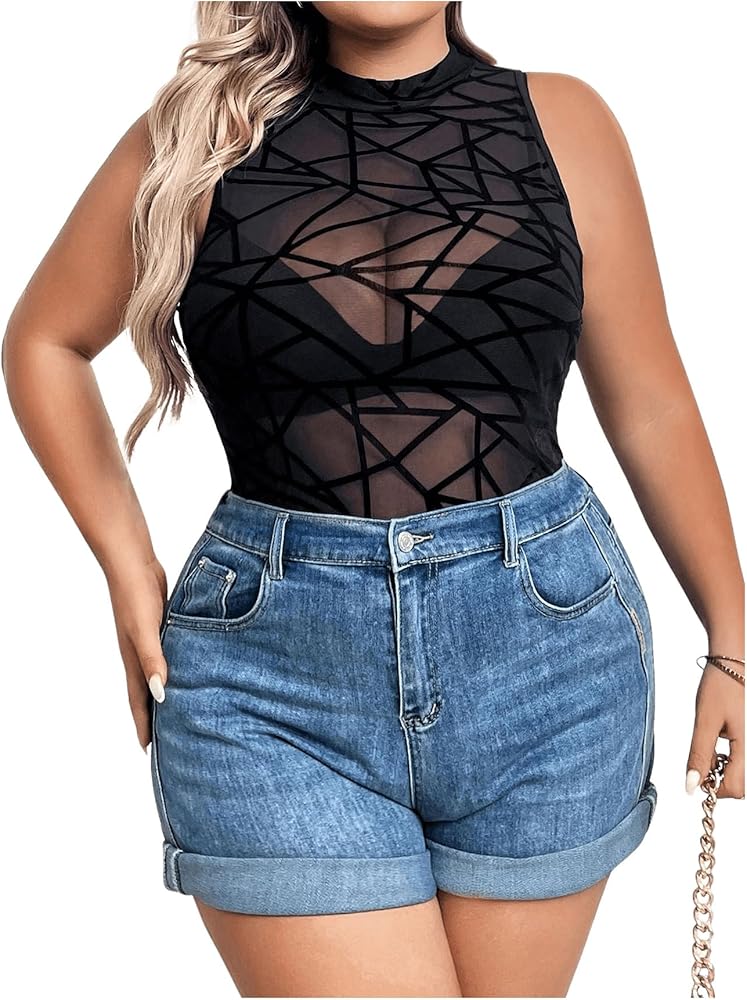 Milumia Women's Plus Size Mesh Insert Round Neck Tank Bodysuit Sleeveless See Through Rave Party Tops