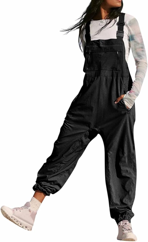 Hiking Overalls for Women Loose Fit Adjustable Straps Cargo Jogger Jumpsuit Casual Bib Rompers with Zippered Pockets