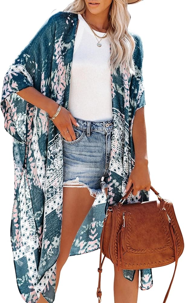 Moss Rose Women's Beach Cover up Swimsuit Kimono with Bohemian Floral Print, Loose Casual Resort Wear