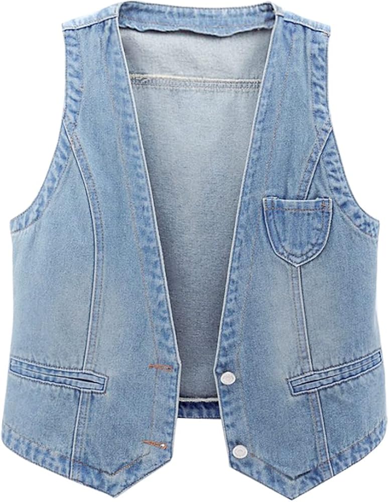 Cyparel Women's Retro Denim Vest Casual Button Up Jean Waistcoat Vest Sleeveless Jacket Tops with Pockets