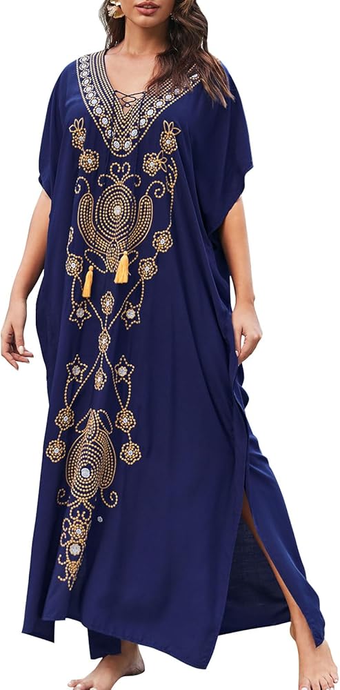 Women Ethnic Kaftans Summer Boho V Neck Long Swimsuit Cover Ups Beach Dresses