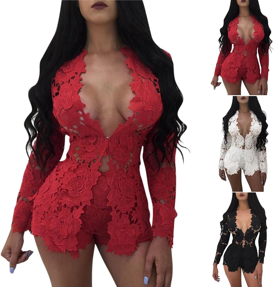 Sexy Club Outfits for Women Floral Lace Trim Hollow Solid Color Long Sleeve Shirt Shorts Sets Comfy Casual Tracksuit