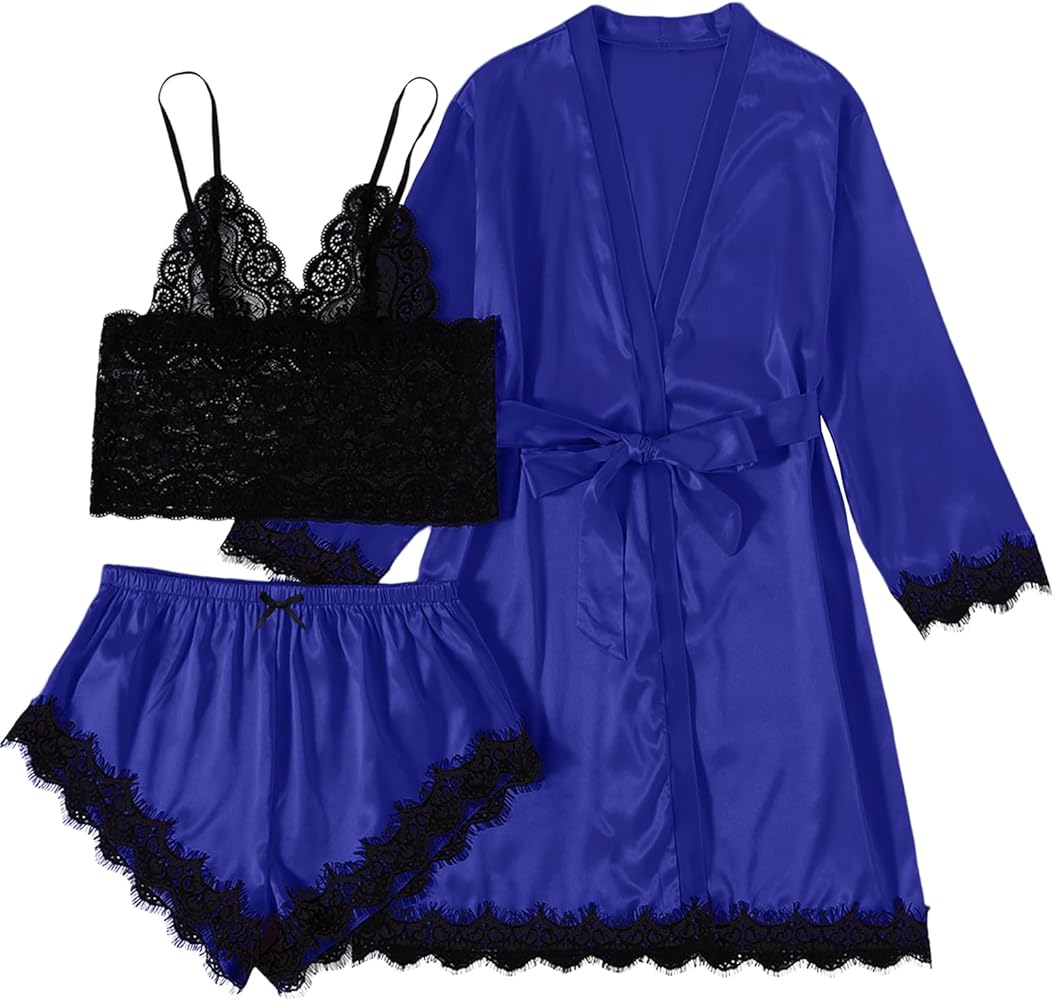 Rooscier Women's 3 Pcs Satin Lace Lingerie Sleepwear Cami With Shorts Robe Pajamas set Royal Blue X-Large