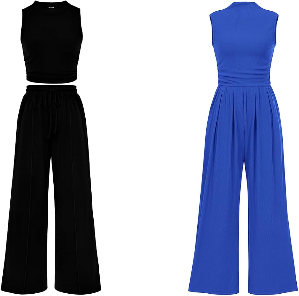 BTFBM Women Black Two Piece Sets And Womens Blue Casual Jumpsuits Medium