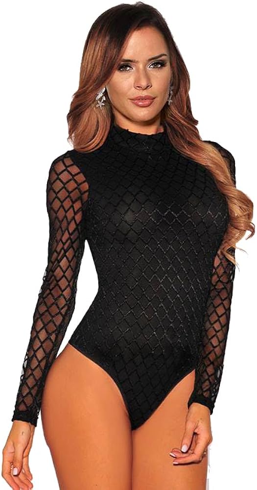 ohyeah Women Black Long Sleeve Lace Bodysuit Turtleneck Bodycon Leotards Mesh Clubwear Sexy Outfits S-2XL