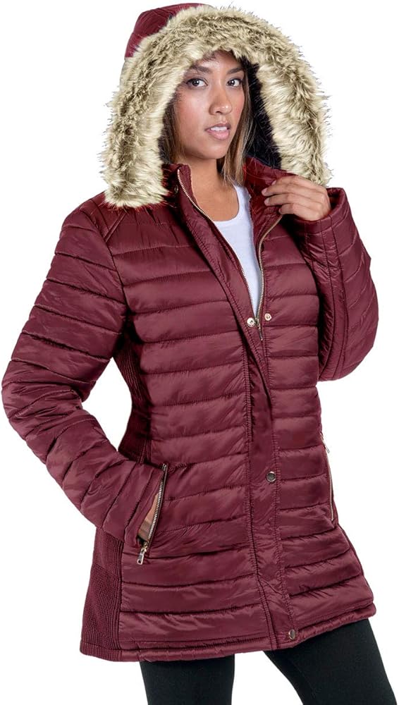 Facitisu Womens Winter Warm Jacket Long Down Faux Fur Hooded Quilted Sherpa Lined Coat