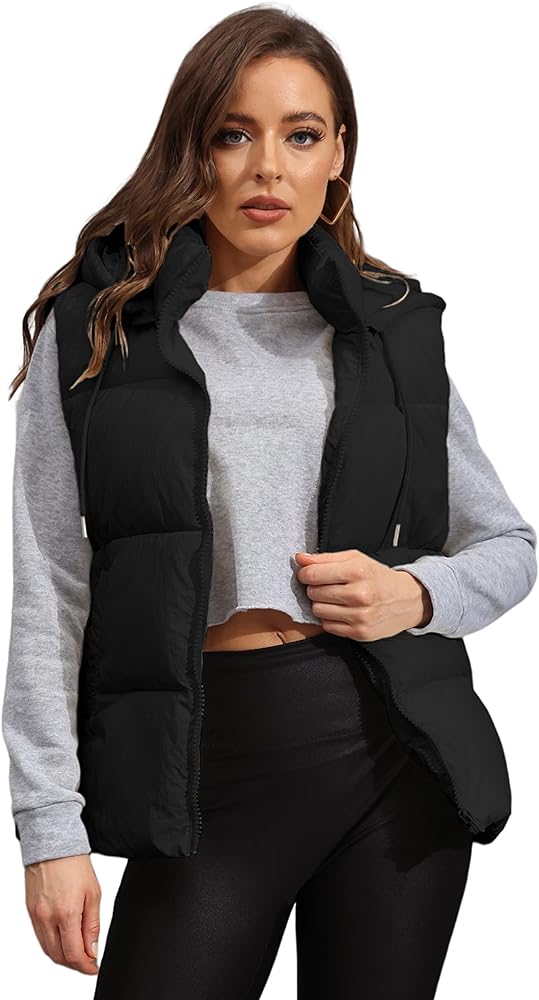 Tanming Black Puffer Vest Women Zip Up Lightweight Sleeveless Winter Outerwear Vests with Hood