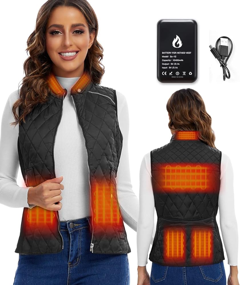 Women Heated Vest Stand Collar Quilted Outerware Heating Vest With 6 Heating Aeras