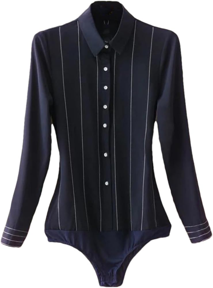 Women's Striped Bodysuit Long Sleeve Lapel Buttons Business Casual Shirt Office Tops