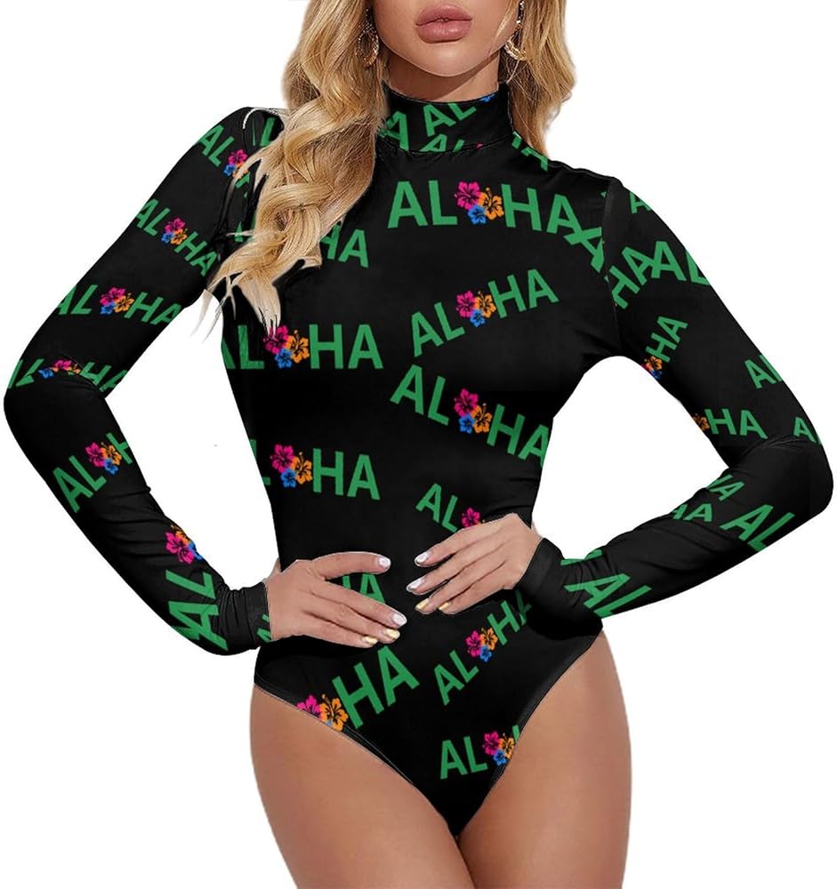 Aloha Hawaiian Flower Women's Bodysuit Tops Turtle Neck Long Sleeve Jumpsuit Print T Shirt