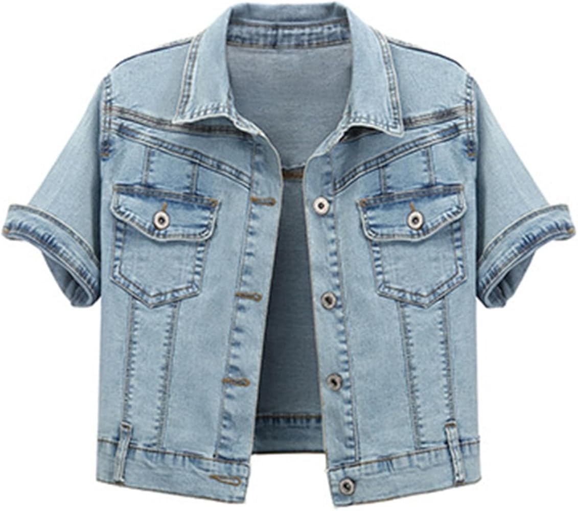 Women's Denim Jacket Summer Short Sleeved Cardigan Thin Top Jeans Coat Vest Summer Short Sleeve Outside