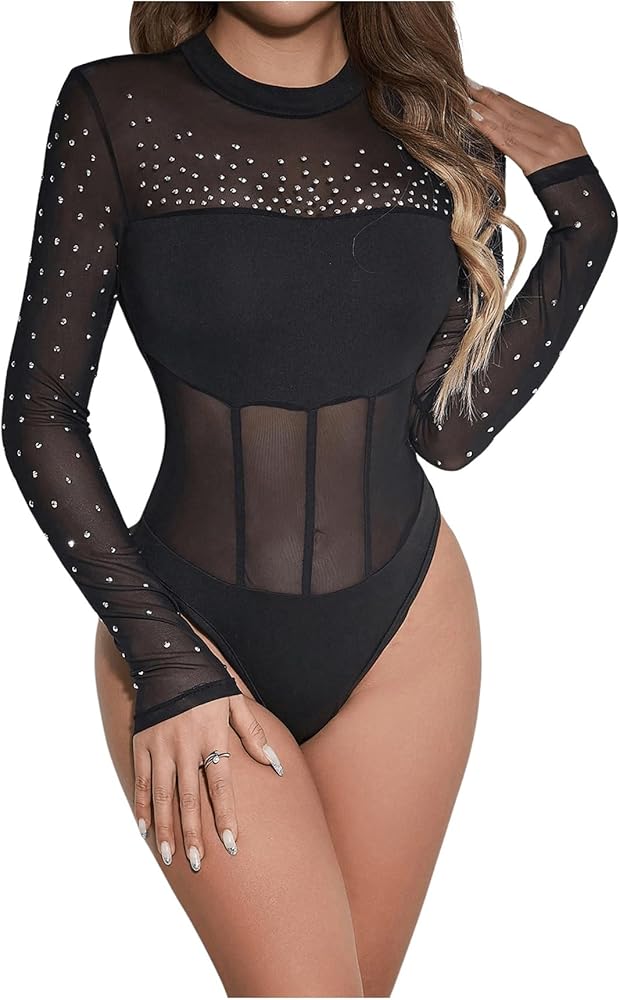 SHENHE Women's Long Sleeve Sparkly Rhinestone Contrast Mesh Sheer Sexy Jumpsuit Bodysuit Top