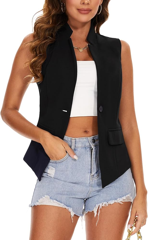 MINTLIMIT Women Button Front Sleeveless Blazer Vest Summer Casual Notch Collar Office Lightweight Vests Blazers with Pockets