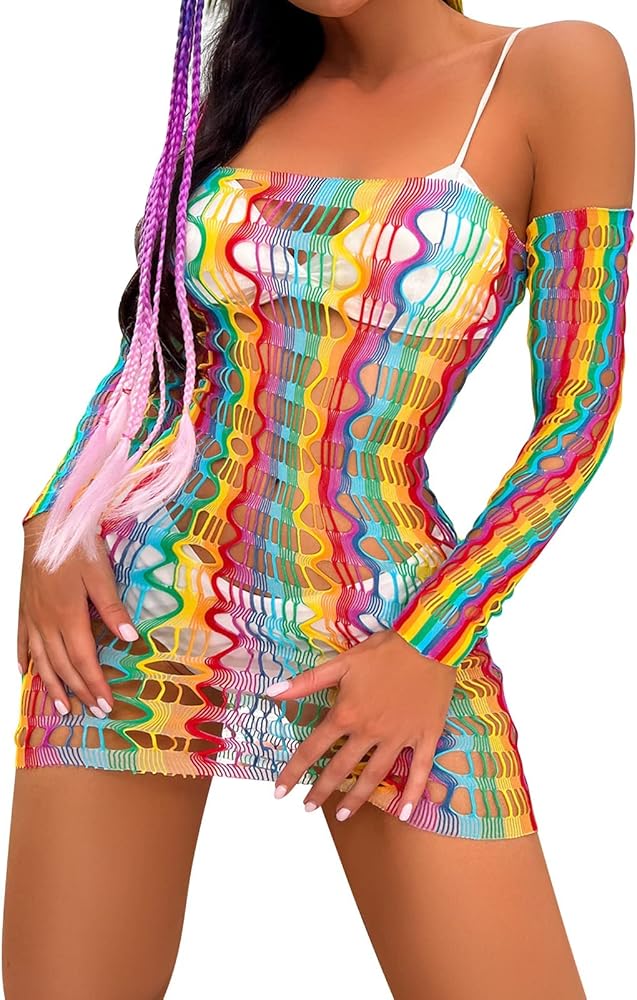 Women's Fishnet Dress Swimwear Bikini Mesh Lingerie Dancewear Fishnet Set Rainbow Dress Free Size