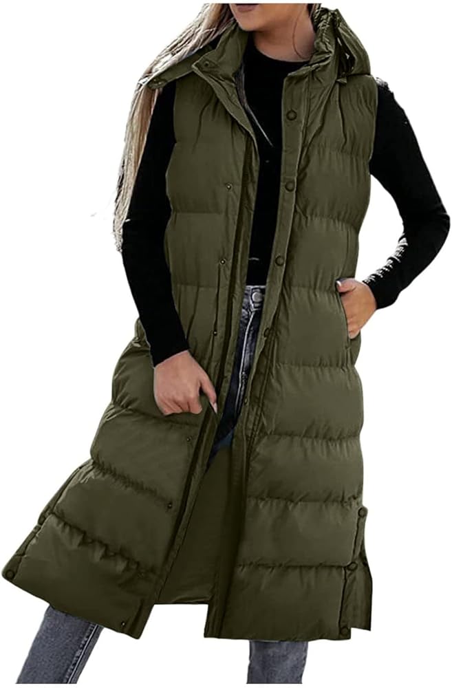 Women's Long Hooded Down Vests Overcoat Jackets Warm Windproof Coats Single Breasted Puffy Jackets Women