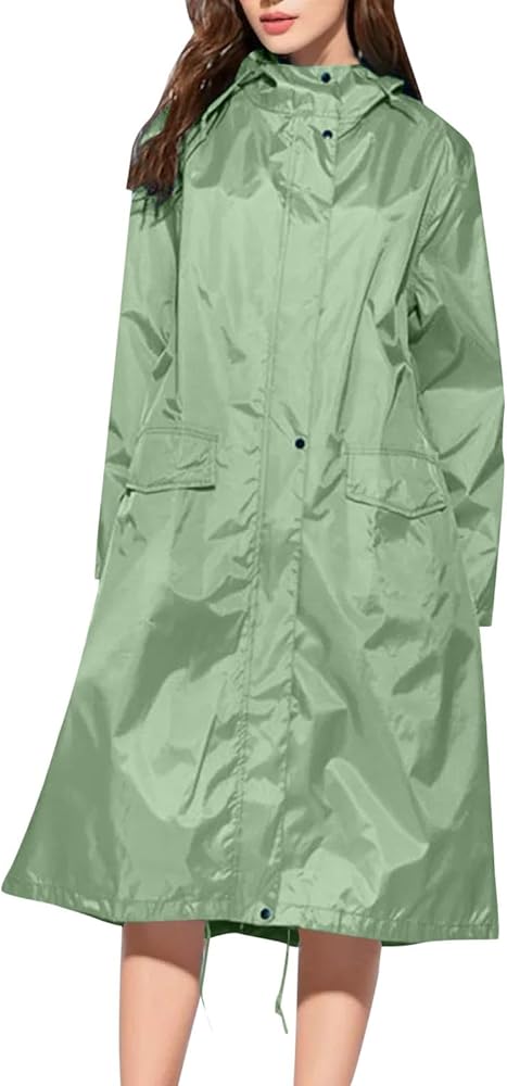 Womens Rain Jacket With Hood Lightweight Long Sleeve Windbreaker Trench Coats Zip Up Drawstring Raincoat With Pockets