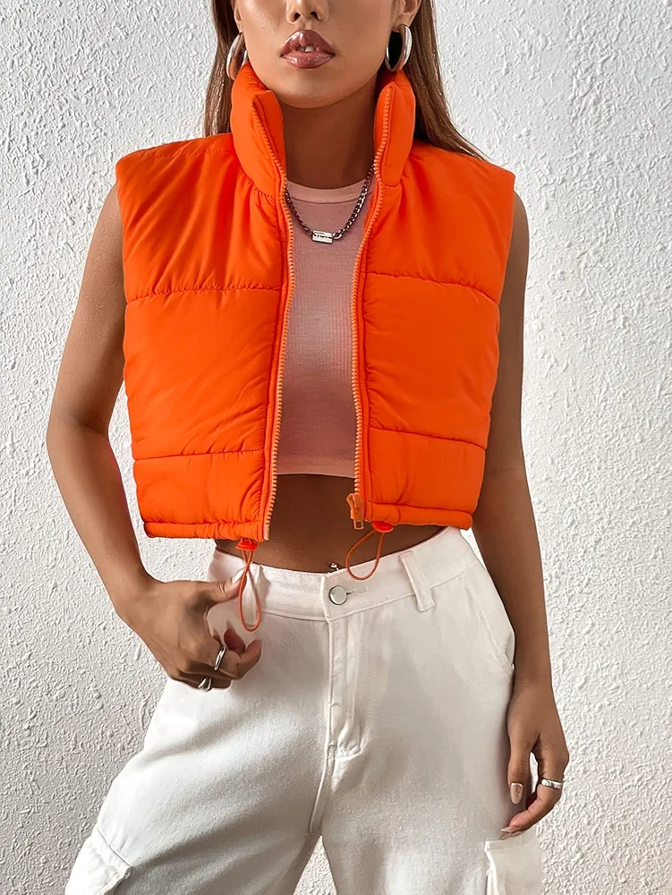 Women's Jackets Drawstring Hem Zip Up Crop Vest Puffer Coat Women Jackets (Color : Orange, Size : Medium)