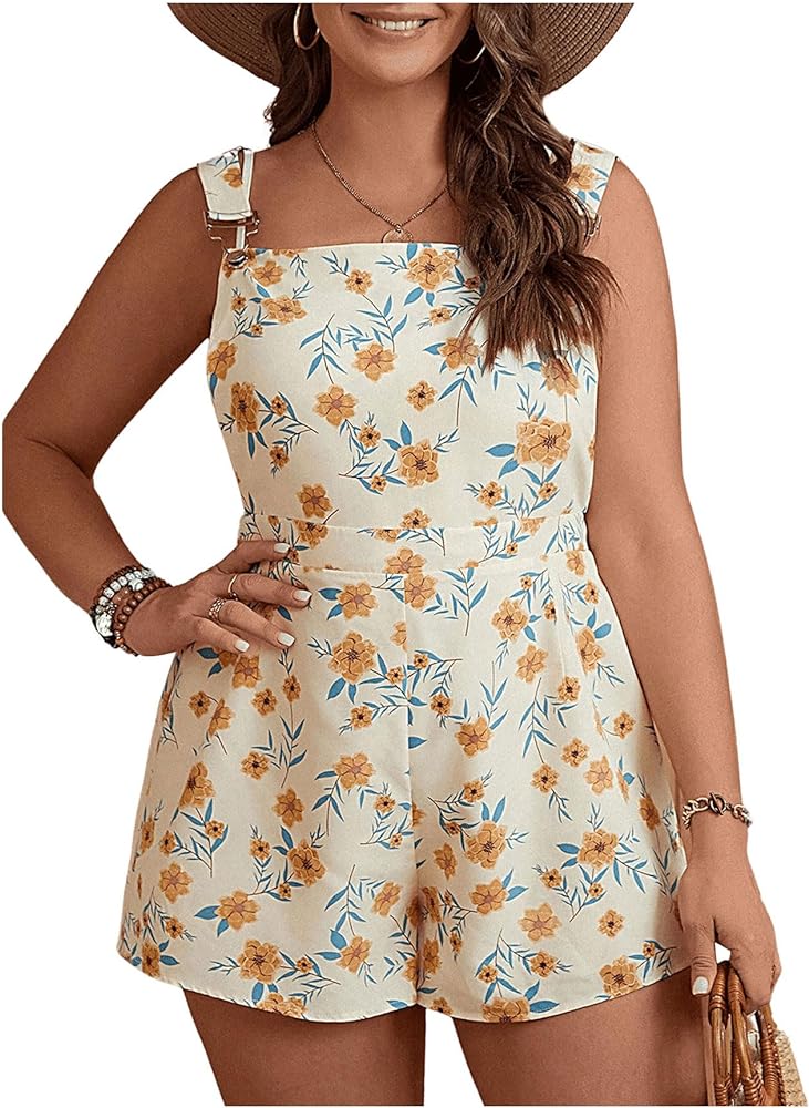 SOLY HUX Women's Plus Size Floral Print Sleeveless Romper Overall Shorts Jumpsuit