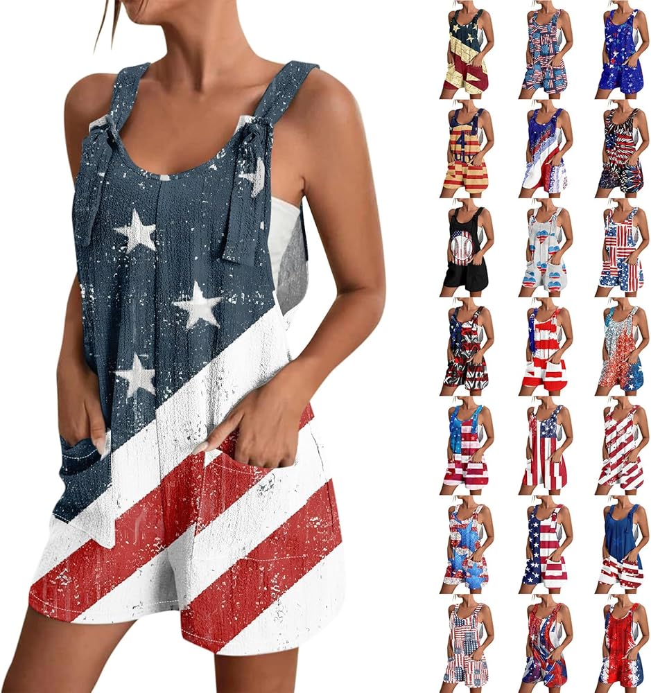 Womens American Flag Overalls Shorts Trendy Sleeveless Sexy Festival Rompers