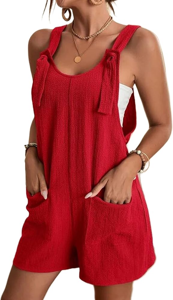 Women's Summer Comfy Casual Sleeveless Romper Loose Adjustable Strap Shortalls with Pockets